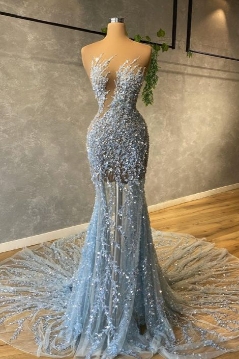 Strapless Hot Sequin Sparkle Beaded Column Court Train Prom Dresses-BallBride