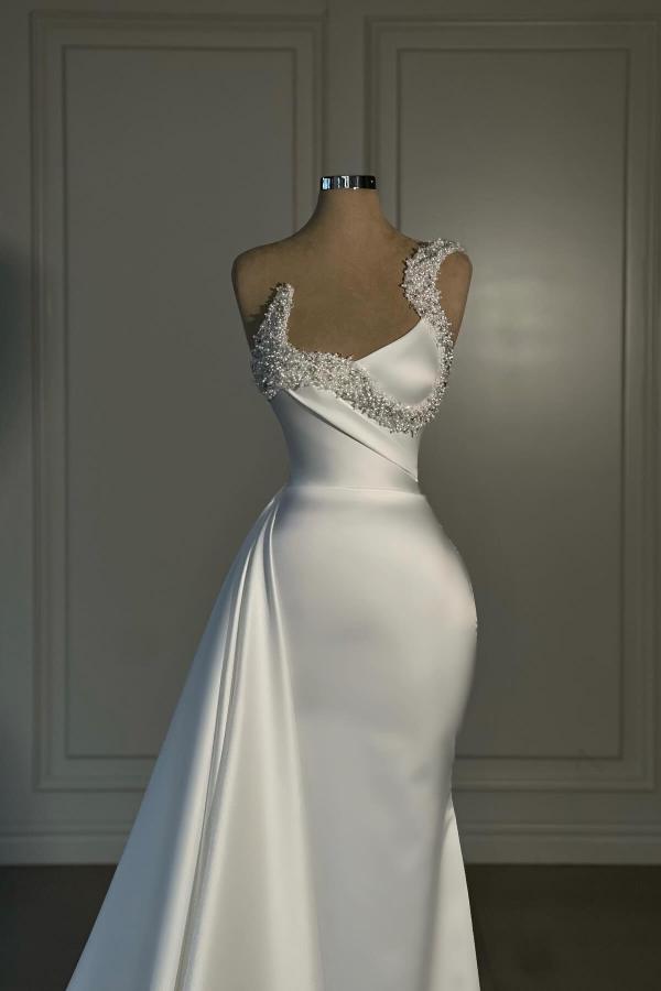 Strapless Long Mermaid White Draped Satin Prom Dress with Beads-BallBride