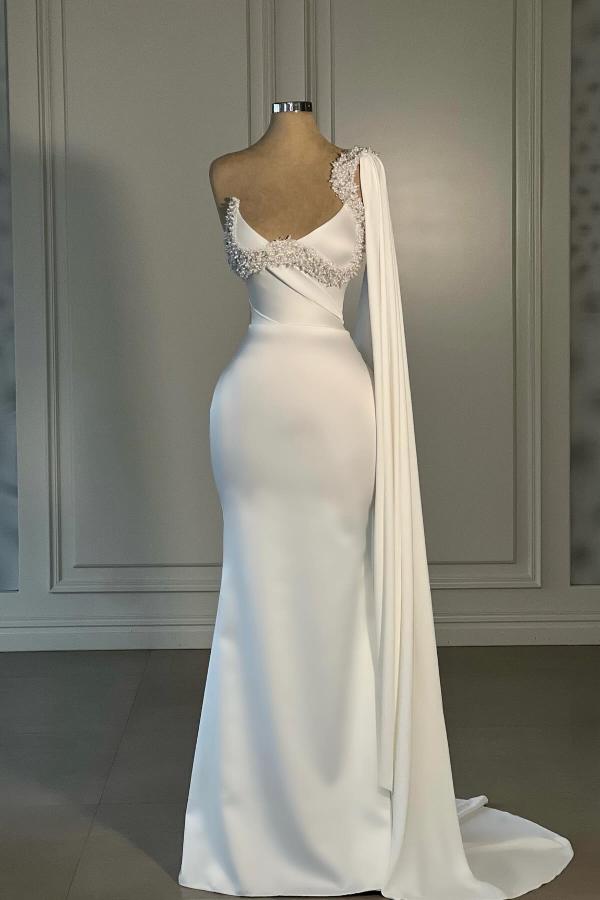 Strapless Long Satin White Mermaid Prom Dress with Long Cape-BallBride