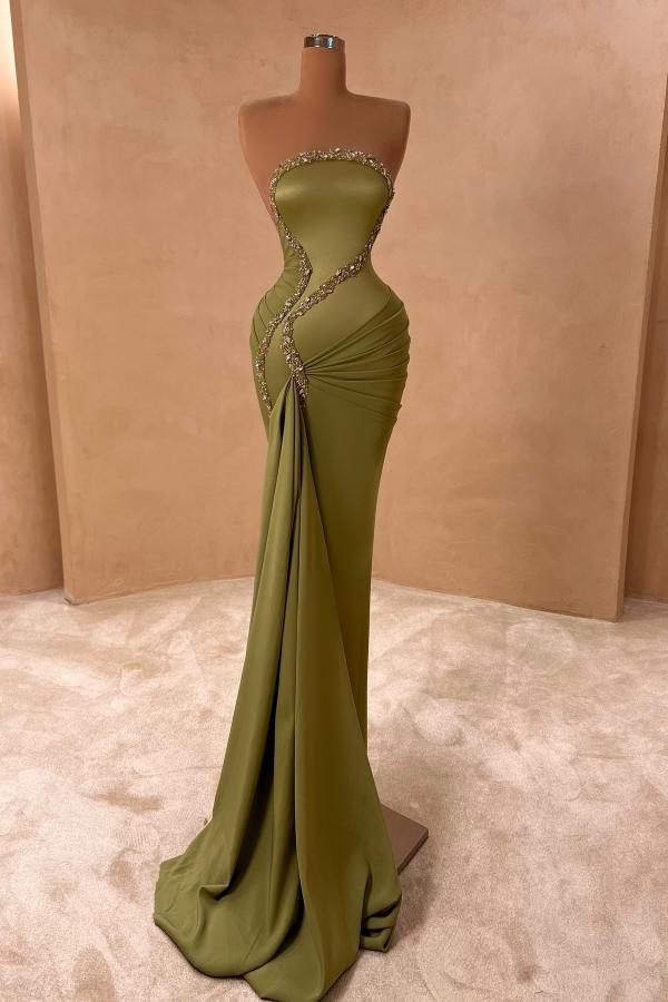 Strapless Mermaid Satin Ruched Green Prom Dress with Rhinestones-BallBride
