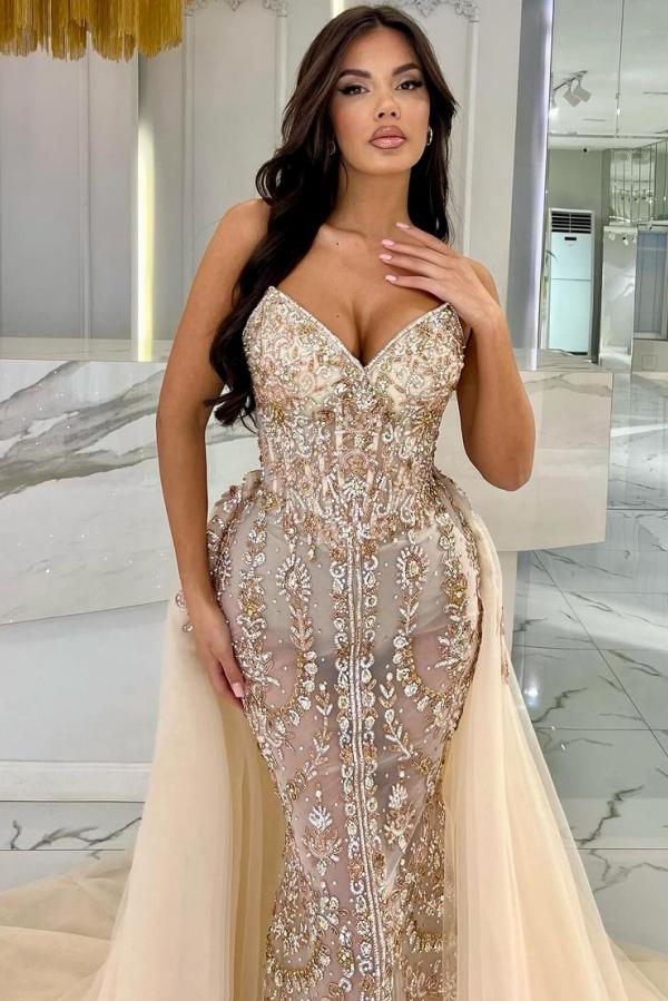 Strapless Mermaid Tulle Appliques Lace Long Prom Dress with Detachable Train-BallBride