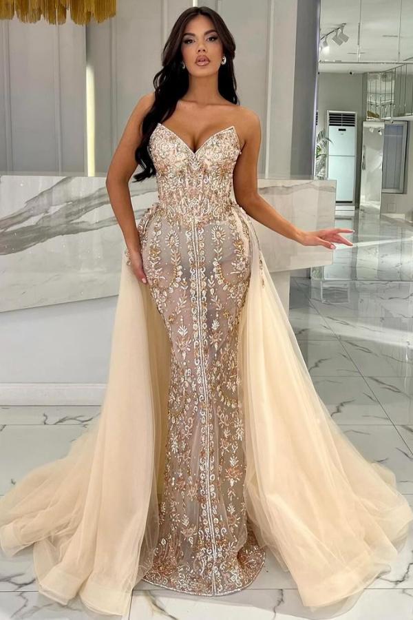 Strapless Mermaid Tulle Appliques Lace Long Prom Dress with Detachable Train-BallBride