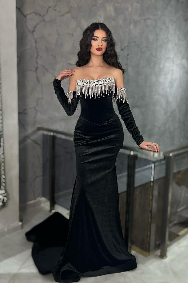 Strapless Off The Shoulder Long Sleeve Mermaid Prom Dress with Tassels and Rhinestones-BallBride