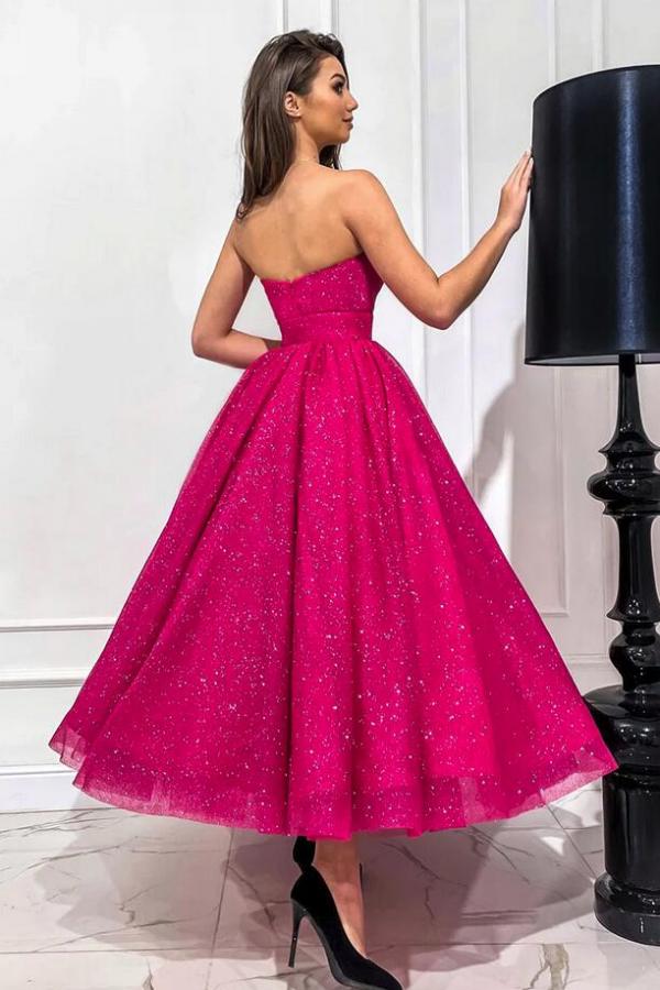 Strapless Open Back Long A Line Tulle Prom Dress with Ruffles-BallBride