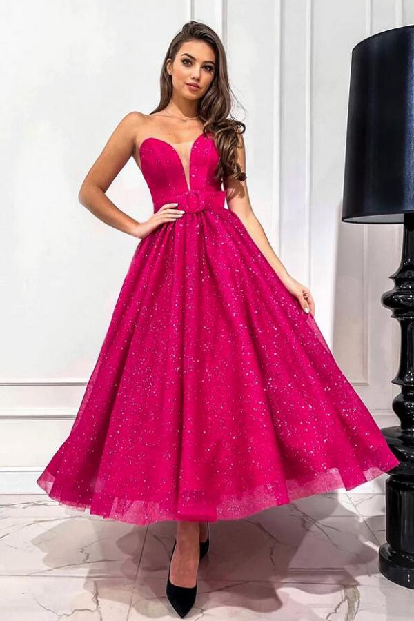Strapless Open Back Long A Line Tulle Prom Dress with Ruffles-BallBride