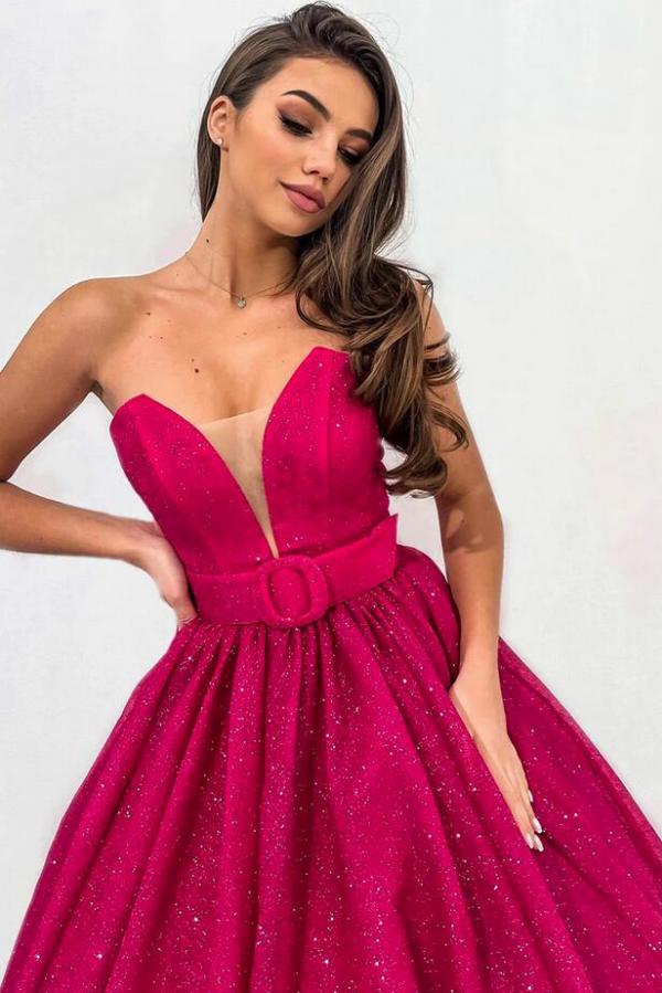 Strapless Open Back Long A Line Tulle Prom Dress with Ruffles-BallBride
