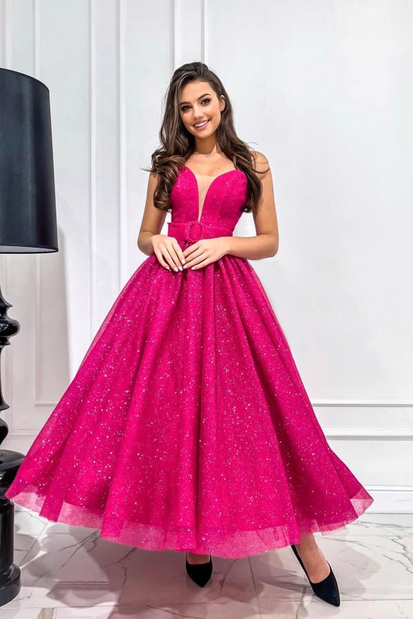 Strapless Open Back Long A Line Tulle Prom Dress with Ruffles-BallBride