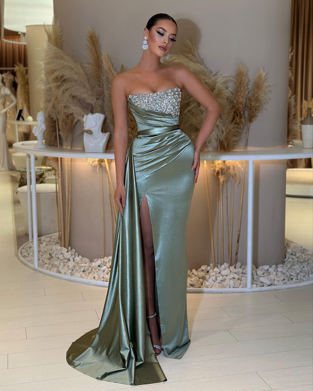 Strapless Sleeveless Split Prom Dress with Beading & Ruffle-BallBride