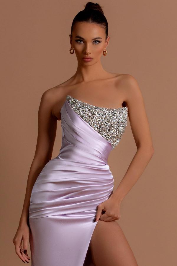 Strapless Split Front Long Satin Prom Dress with Ruffles and Beads-BallBride
