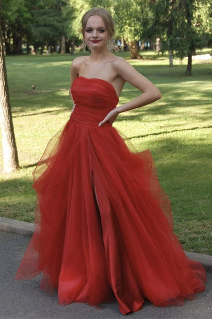Strapless Split Tulle Long Prom Dress-BallBride
