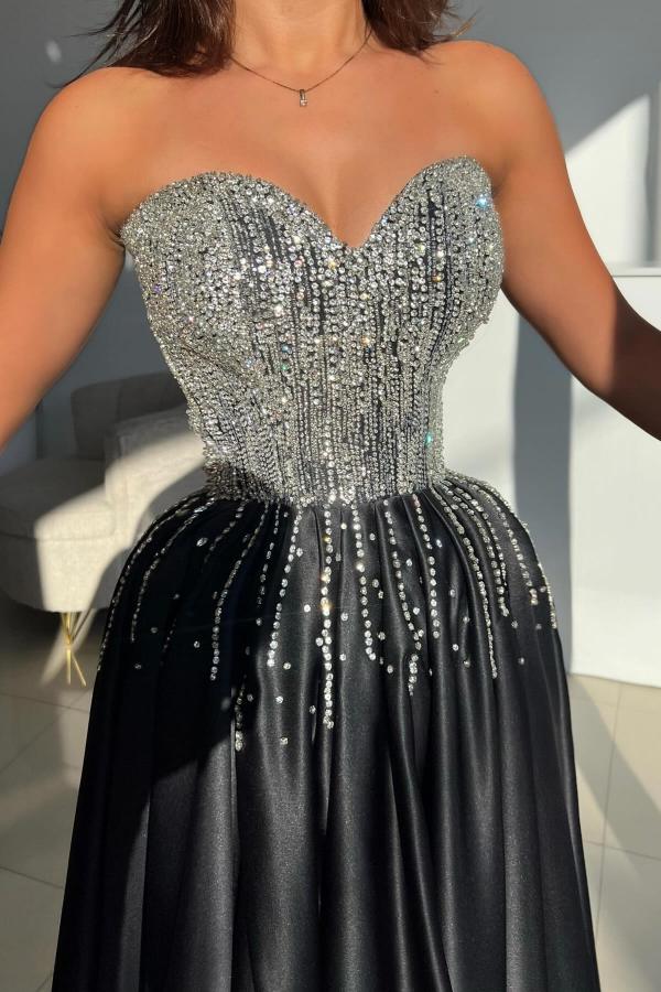 Strapless Sweetheart Long A-Line Prom Dress with Ruffles and sequins-BallBride