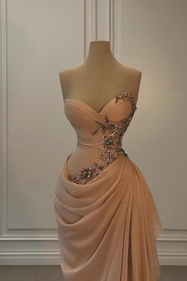 Strapless Sweetheart Mermaid Long Draped Satin Prom Dress with Beads and Rhinestones-BallBride