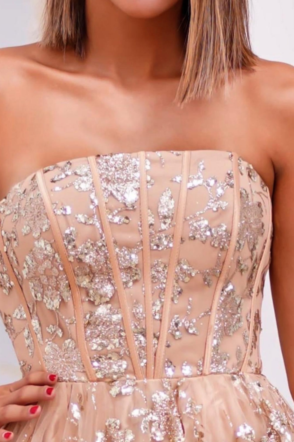 Strapless Tulle A-line Appliques Lace Up Back Long Prom Dress-BallBride