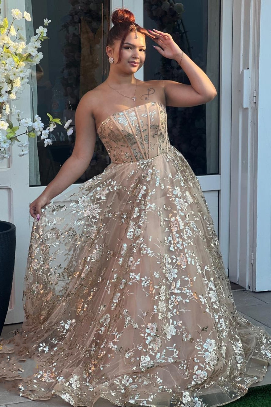 Strapless Tulle A-line Appliques Lace Up Back Long Prom Dress-BallBride