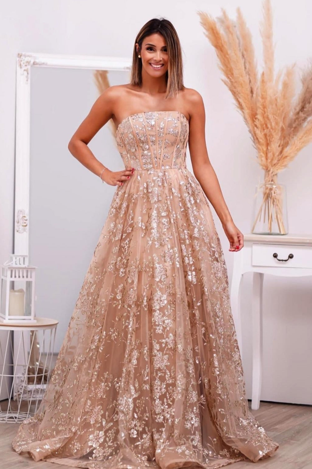 Strapless Tulle A-line Appliques Lace Up Back Long Prom Dress-BallBride