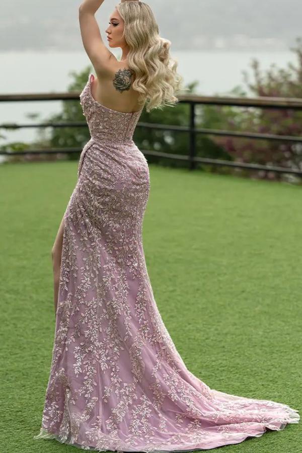 Strapless Tulle Appliques Lace Floor Length Mermaid Draped Prom Dress-BallBride