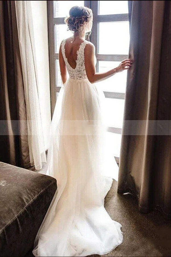 Stunning A-line Backless Wedding Dress With Lace Applique Straps V-necks-BallBride