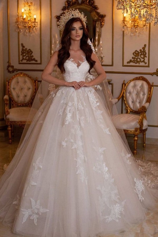 Stunning A-Line Bateau Tulle Floor-length Wedding Dress with Appliques Lace-BallBride