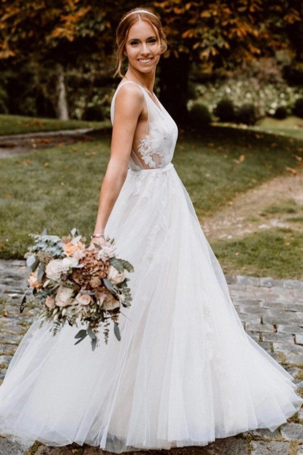 Stunning A-Line Deep V-neck Floral Wedding Dress with Open Back and Tulle Skirt-BallBride