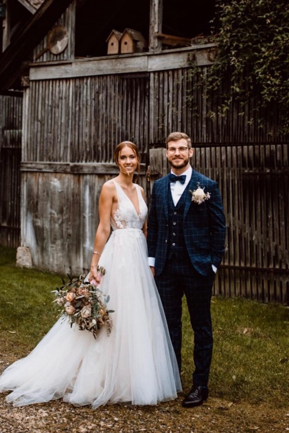 Stunning A-Line Deep V-neck Floral Wedding Dress with Open Back and Tulle Skirt-BallBride