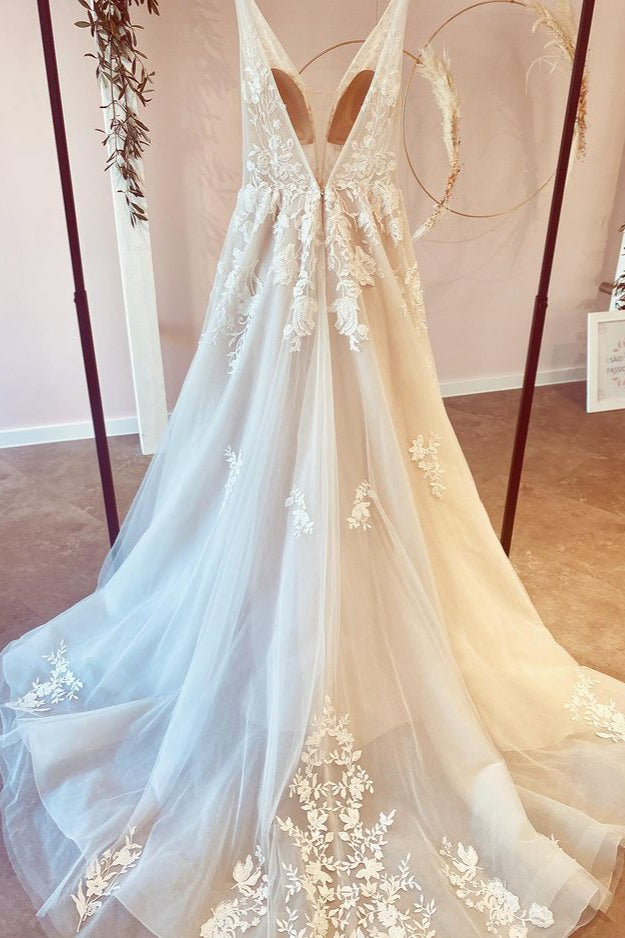 Stunning A-Line Tulle Wedding Dress With Floral Lace Deep V-neck and Floor-length-BallBride