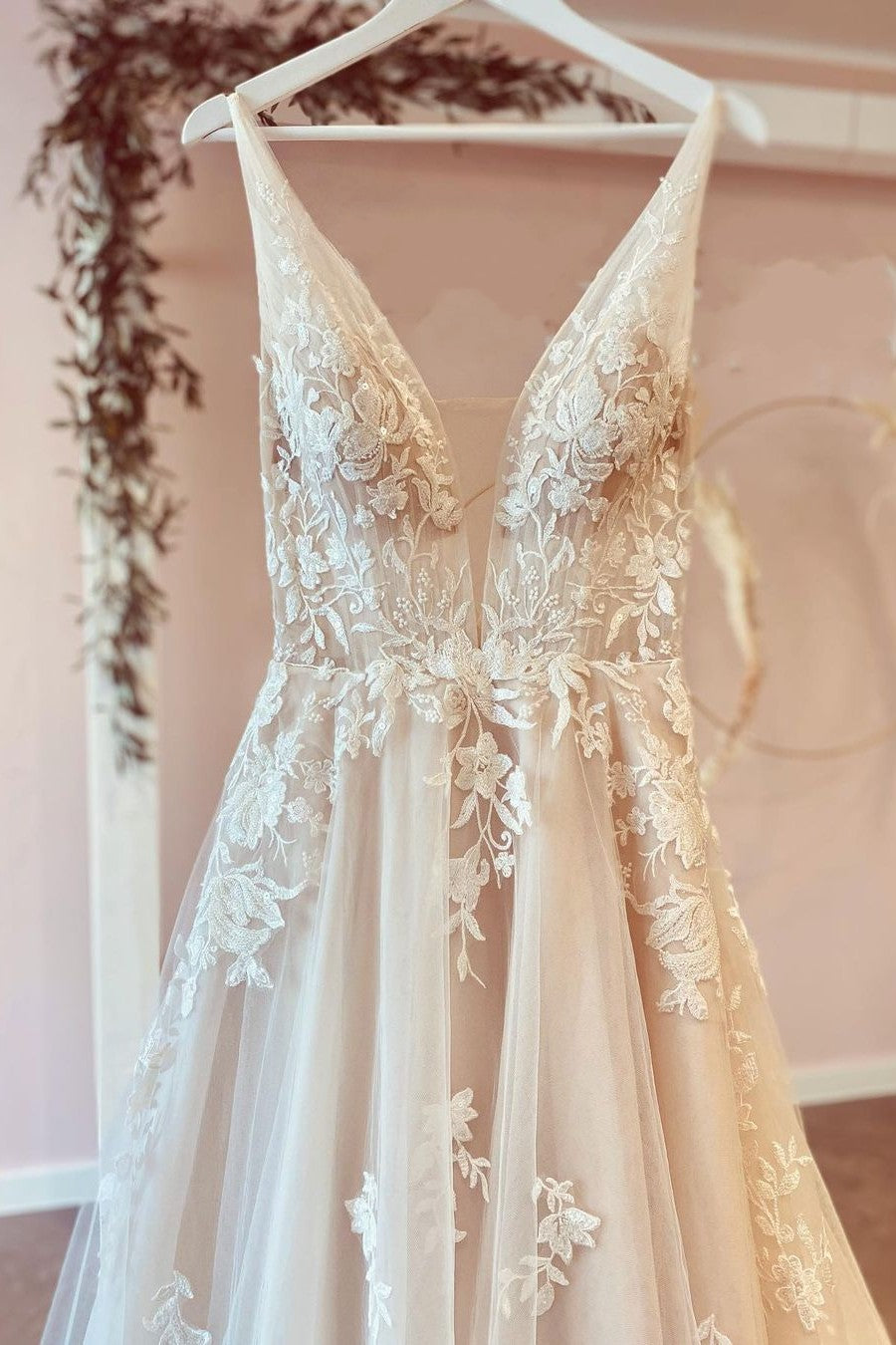 Stunning A-Line Tulle Wedding Dress With Floral Lace Deep V-neck and Floor-length-BallBride