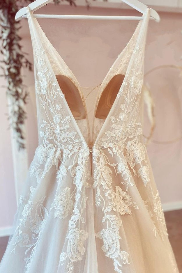 Stunning A-Line Tulle Wedding Dress With Floral Lace Deep V-neck and Floor-length-BallBride