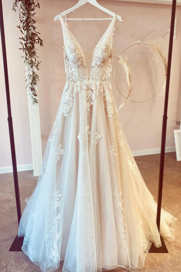 Stunning A-Line Tulle Wedding Dress With Floral Lace Deep V-neck and Floor-length-BallBride
