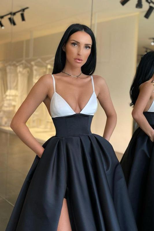 Stunning Black and White Spaghetti-Straps Prom Dress-BallBride