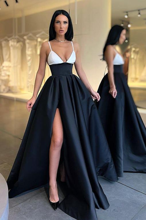Stunning Black and White Spaghetti-Straps Prom Dress-BallBride