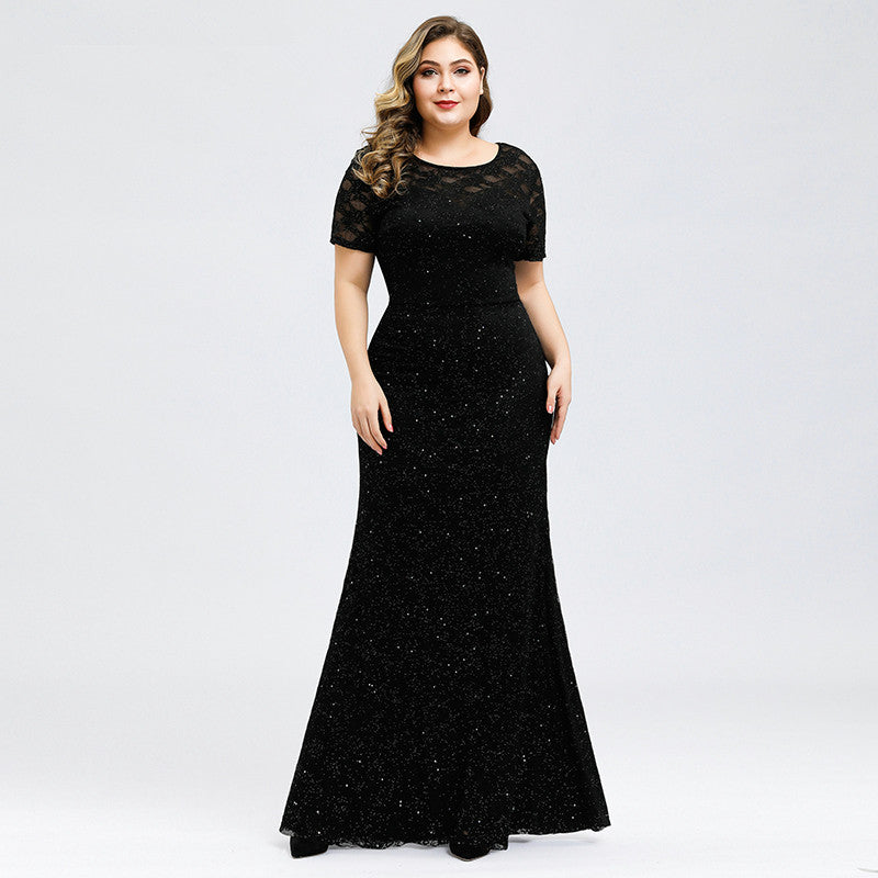 Stunning Black Lace Mermaid Prom Dress With Beadings - Sparkle Short Sleeve Evening Gown-BallBride