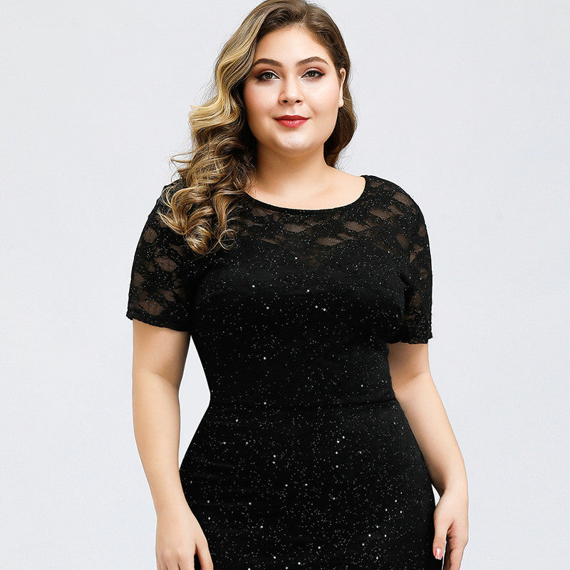 Stunning Black Lace Mermaid Prom Dress With Beadings - Sparkle Short Sleeve Evening Gown-BallBride