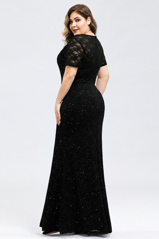 Stunning Black Lace Mermaid Prom Dress With Beadings - Sparkle Short Sleeve Evening Gown-BallBride