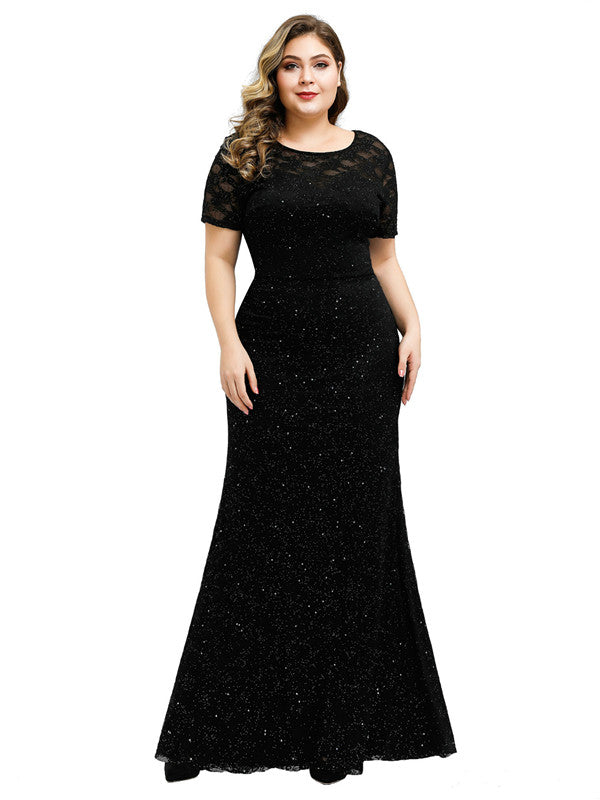 Stunning Black Lace Mermaid Prom Dress With Beadings - Sparkle Short Sleeve Evening Gown-BallBride