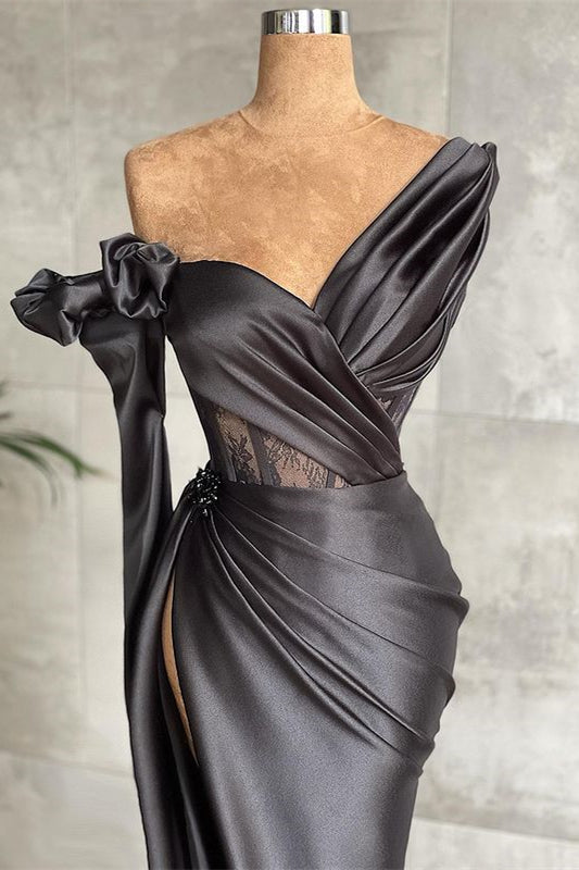 Stunning Black Long Sleeved Pleated Mermaid Prom Dress with Split-BallBride