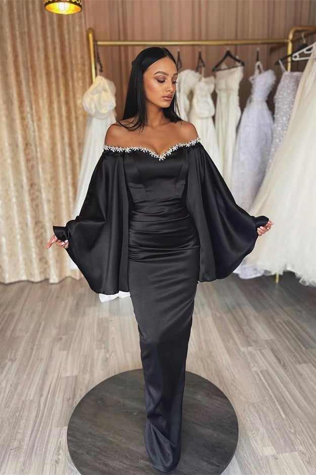 Stunning Black Mermaid Evening Dress with Ruffle Sleeves and Beads-BallBride