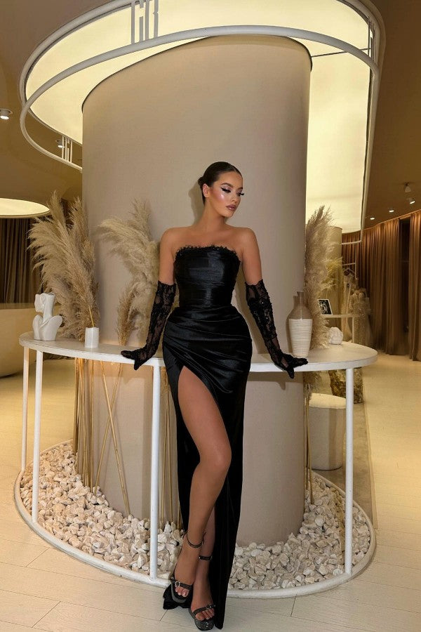 Stunning Black Strapless Mermaid Prom Dress with Pleats and Split-BallBride