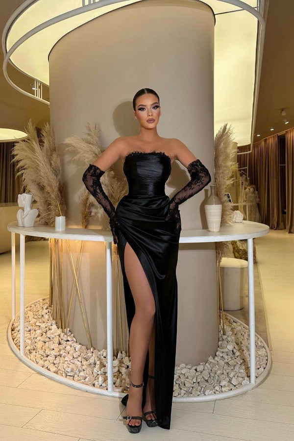 Stunning Black Strapless Mermaid Prom Dress with Pleats and Split-BallBride