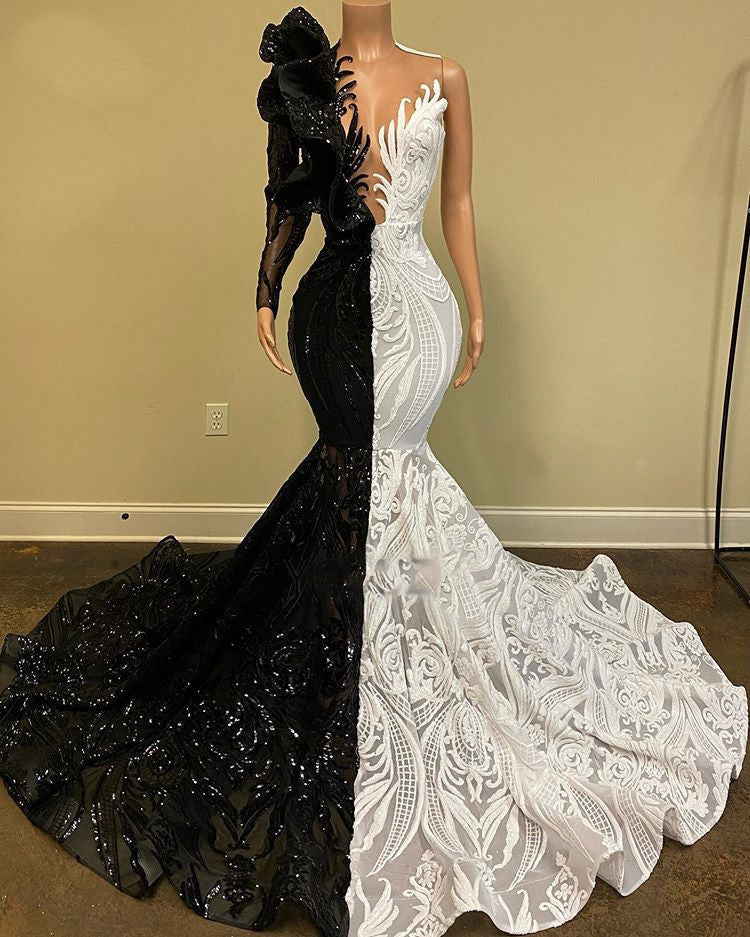 Stunning Black & White Sequins Lace Prom Dress with Long Sleeves-BallBride