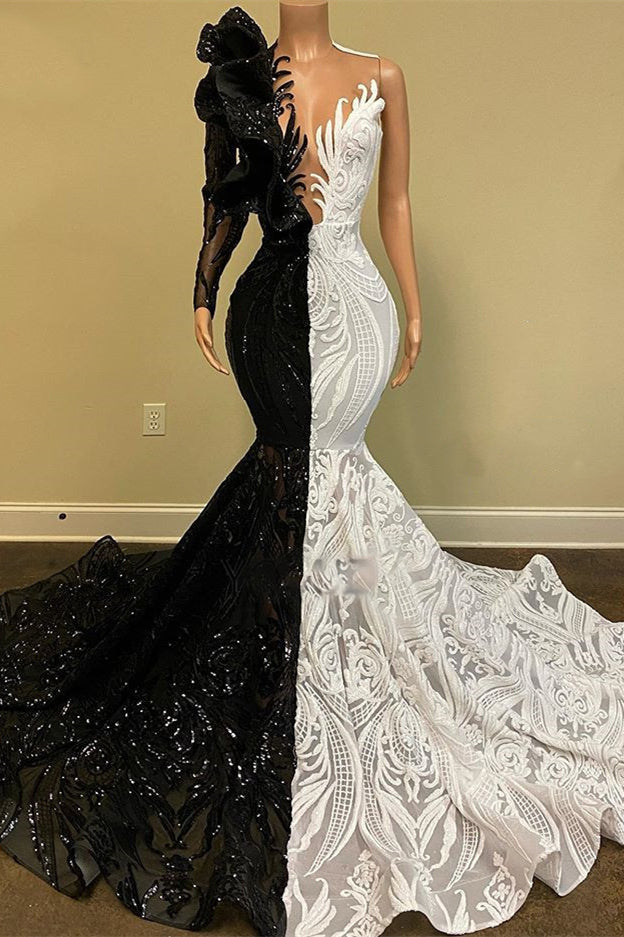 Stunning Black & White Sequins Lace Prom Dress with Long Sleeves-BallBride