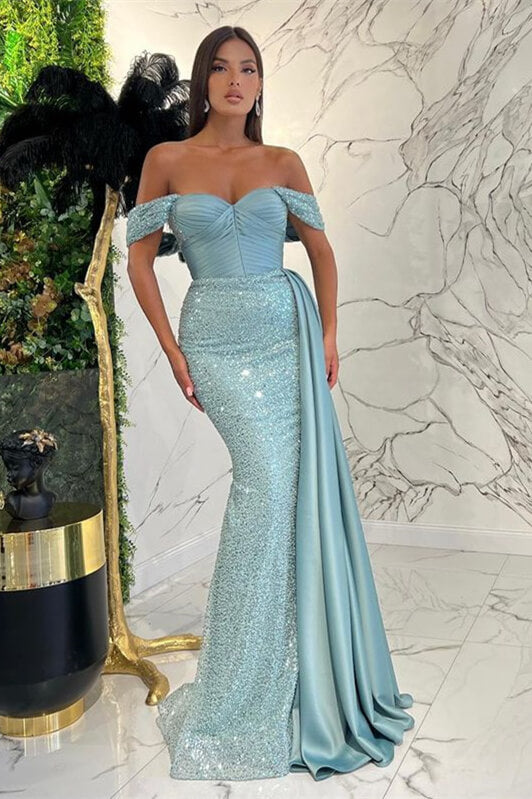 Stunning Blue Off-the-Shoulder Pleats Evening Dress with Mermaid Sequins and Ruffle-BallBride