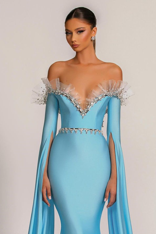 Stunning Blue Ruffle Long Sleeve Prom Dress with Mermaid Off-the-Shoulder and Beads-BallBride