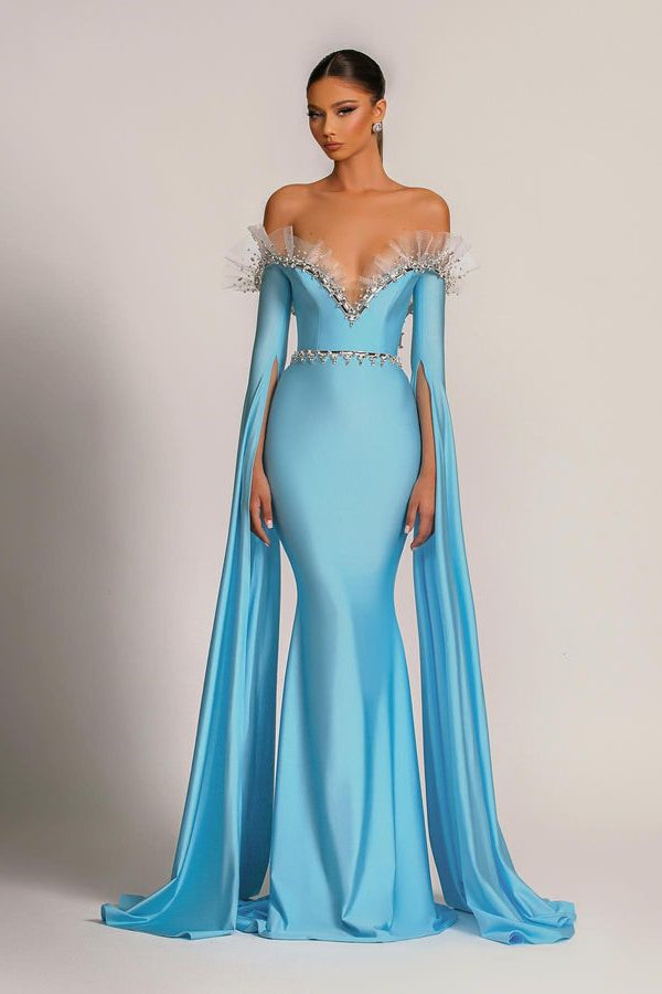 Stunning Blue Ruffle Long Sleeve Prom Dress with Mermaid Off-the-Shoulder and Beads-BallBride