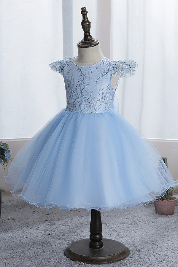 Stunning Blue Short Sleeves Jewel Flower Girl Dress with Appliques-BallBride