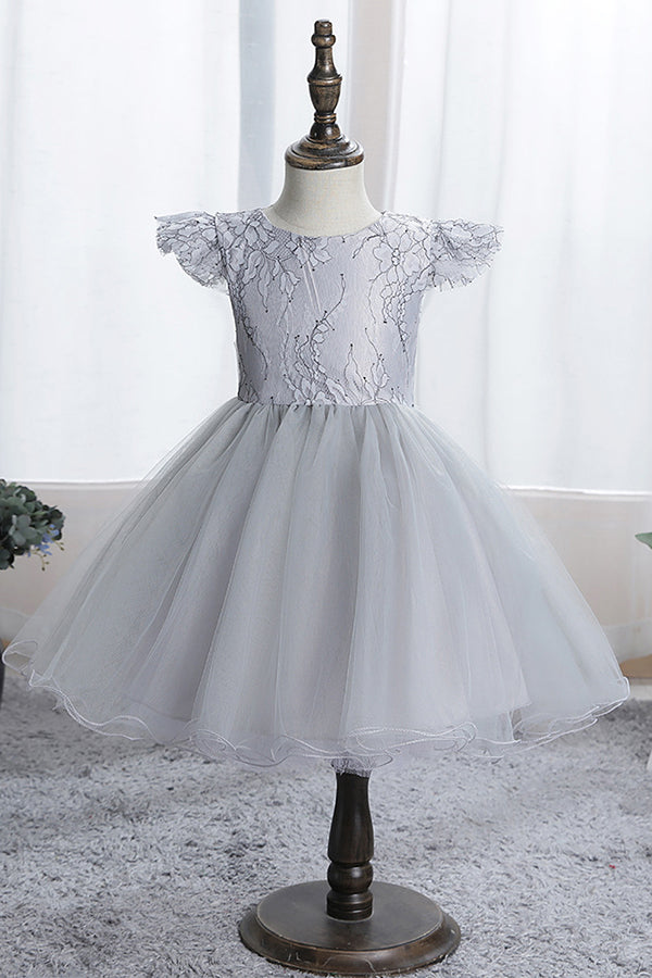 Stunning Blue Short Sleeves Jewel Flower Girl Dress with Appliques-BallBride