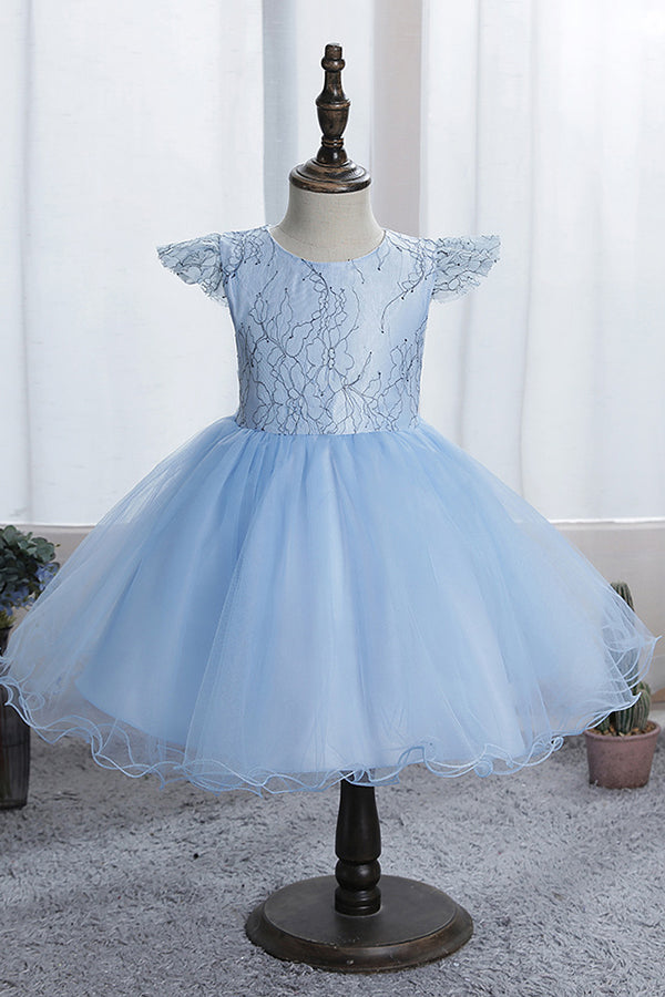 Stunning Blue Short Sleeves Jewel Flower Girl Dress with Appliques-BallBride