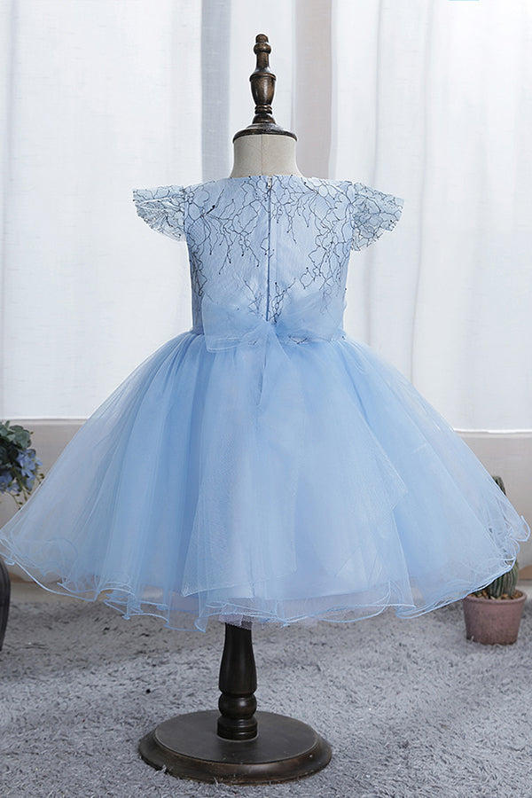 Stunning Blue Short Sleeves Jewel Flower Girl Dress with Appliques-BallBride