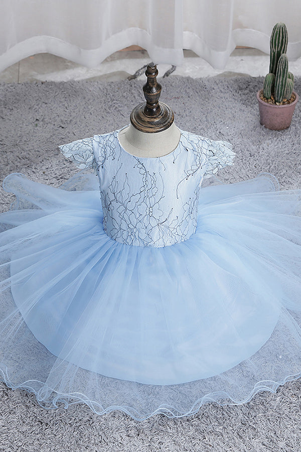 Stunning Blue Short Sleeves Jewel Flower Girl Dress with Appliques-BallBride
