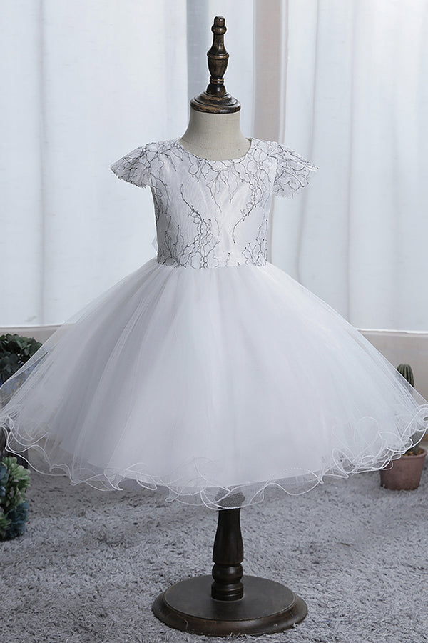 Stunning Blue Short Sleeves Jewel Flower Girl Dress with Appliques-BallBride