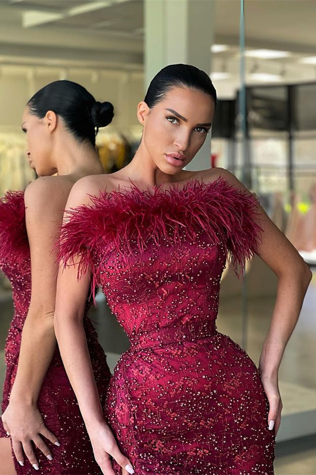 Stunning Burgundy Mermaid Prom Dress With Beads and Feathers-BallBride